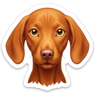 Cinematic Cute Vizsla Portrait Emoji, Head tilted playfully and inquisitively, featuring a sleek rust and gold Fur with a natural sheen, round, sparkling amber eyes filled with curiosity, Simplified yet irresistibly adorable features, highly detailed, glowing with a warm, friendly glow, high shine, affectionate and spirited, stylized with a touch of whimsy, bright and endearing, soft glowing outline, capturing the essence of a mischievous yet loving companion, so playful it feels like it could dash out of the screen and into your arms! sticker