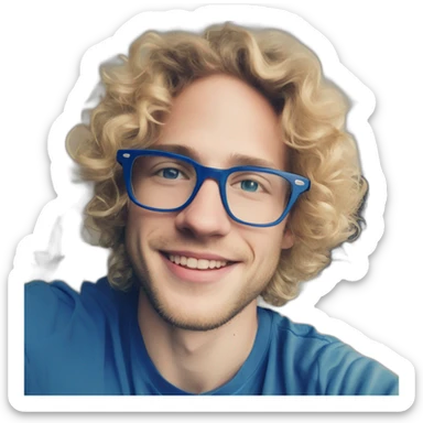 Benedikt A. Laufer aka @Apfeldenker. Curly blond hair and glasses. Often wears blue colors sticker