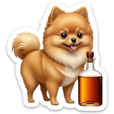 Pomeranian sniffing a Hennessy bottle sticker