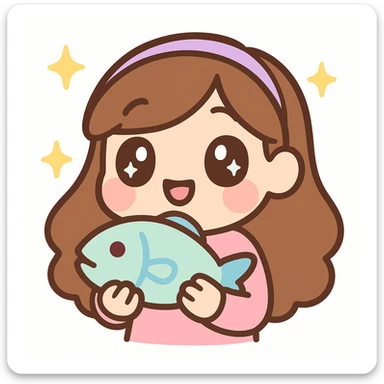 twitch emote of a cute cartoon girl with long brown hair holding a fish, digital art, soft shading, big eyes, playful expression sticker