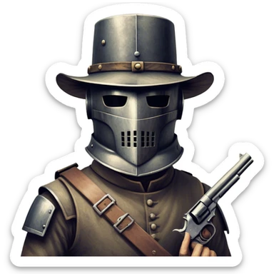 Cinematic Realistic Ned Kelly Portrait Emoji, depicted as the legendary Australian bushranger in his iconic homemade iron helmet and armor, gripping a revolver with a defiant stance. The scene is rendered with gritty textures and dramatic, shadowed lighting, evoking the lawless frontier and his rebellious, fearless legacy. sticker