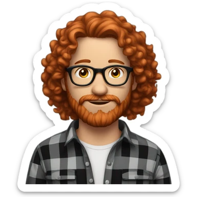 man. around 25. redhead. curly hair. with beard and glasses. black and scarlet checked shirt sticker