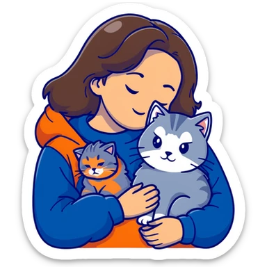 Brunette girl with dark blue sweatshirt snuggling a fluffy grey Siberian cat sticker