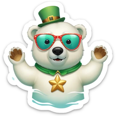 friendly anthropomorphised polar bear wearing oversized colorful star glasses and festive St. Patrick's Day outfit, swimming with joyful expression sticker