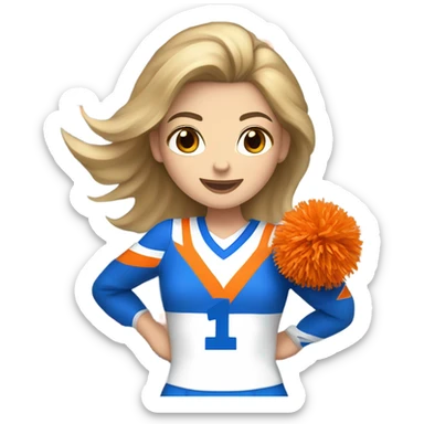 Caucasian Cheerleader with orange and blue Pom poms  in her hand and a “K1 “on Uniform sticker