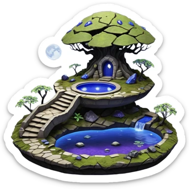 Crashed Alien saucer pool-castle jungle winding footpath mountainside getaway haunted nighttime landscape antique mudman very old broken cracked intricate Stone Age lapis-crusted irregular dodecagon-shaped shallow dark moss rough bark violet flowered maple treehouse bonsai sticker