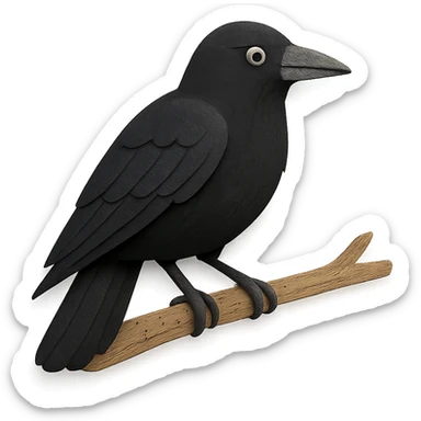 close-up of an American Crow perched on a tree branch, fine paper edges, expressive eye, black plumage sticker