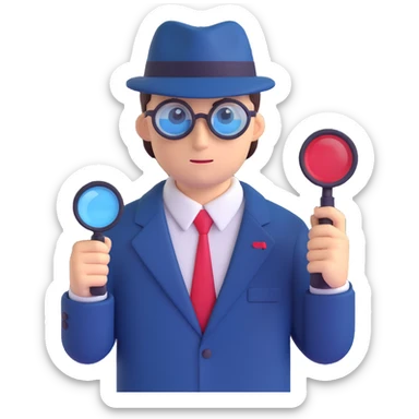 A secret agent holding a magnifying glass and code cards, spy theme, detective style, mysterious atmosphere, red and blue color scheme sticker