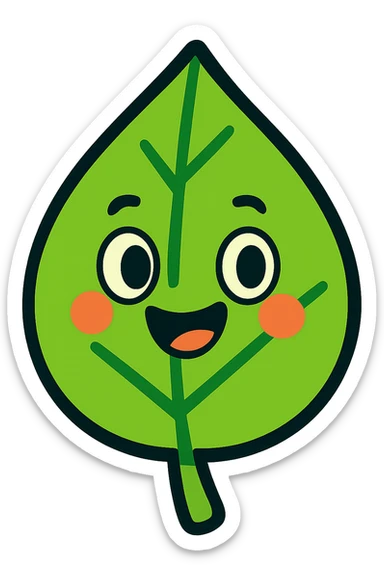 stylized cartoon leaf, bright green, with bold outlines and a cheerful expression sticker