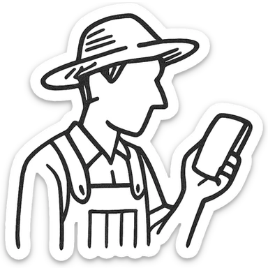 A farmer with a straw hat looking at a smartphone, digital agriculture concept, minimal style. sticker