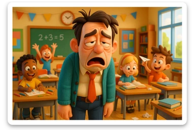 3d cartoon art of a exhausted teacher in a bustling classroom sticker