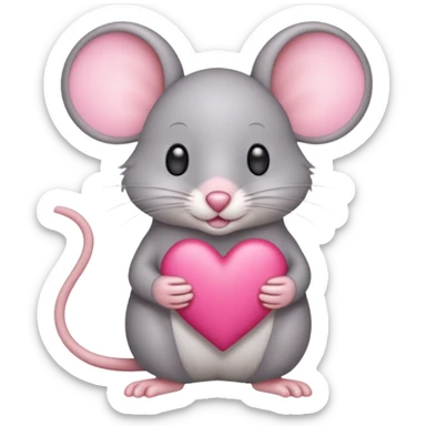 A light gray mouse holds a pink heart in its paws. sticker