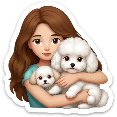 A beautiful olive skinned girl with long brown hair, hugging a white bichon frise sticker
