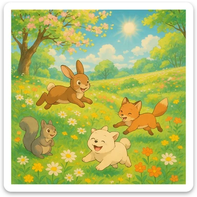 spring in ghibli style, sunny meadow, playful animals, bright sunlight, cheerful mood sticker
