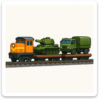Create a highly realistic image of an ordinary cargo train transporting military equipment such as tanks and trucks, in a classic emoji style. This is variant 3. sticker