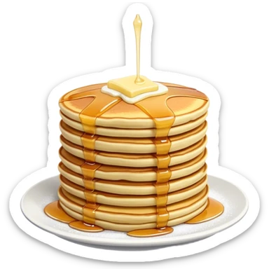 Cinematic fluffy golden pancakes, stacked high, drizzled with maple syrup, topped with fresh butter melting on top, light dusting of powdered sugar, warm and inviting, soft glow and mouthwatering. sticker
