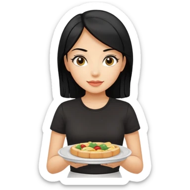 waitress with black hair and a food plate with a black tshirt sticker