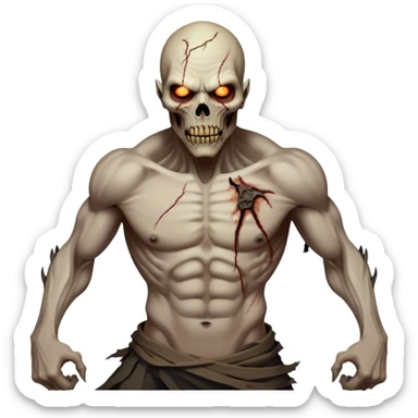 Cinematic Realistic WoW undead civilian Portrait, captured in a fierce, battle-ready stance, muscles taut beneath his tattered, earth-toned attire. His decayed, pallid skin and glowing eyes are rendered with intense lifelike detail and dynamic lighting, high shine, embodying the raw, relentless fury of an undead civilian in the heat of combat. sticker