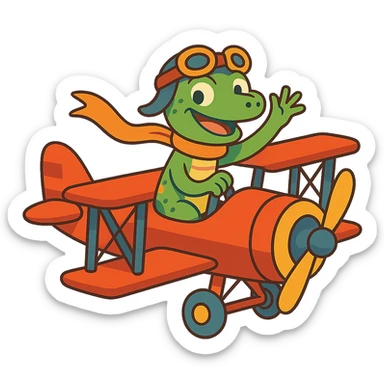 a lizard flying a vintage biplane, smiling, whimsical, cartoon style sticker