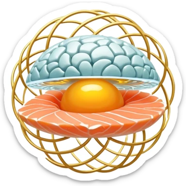 A sparkling crystal brain surrounded by pieces of salmon, a golden egg yolk, and fermented soy floating in a spiral. Thin light beams connect from these foods to glowing points on the brain surface, creating a circuit of expanded focus. sticker