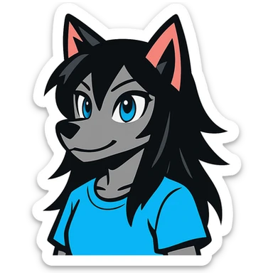anime style wolf furry character with blue eyes, long black hair, wearing a light blue shirt sticker
