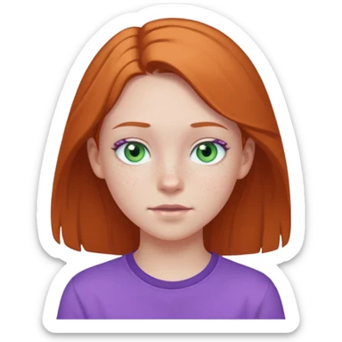pale white teen girl with light blueish green eyes and freckles and purple shirt sticker