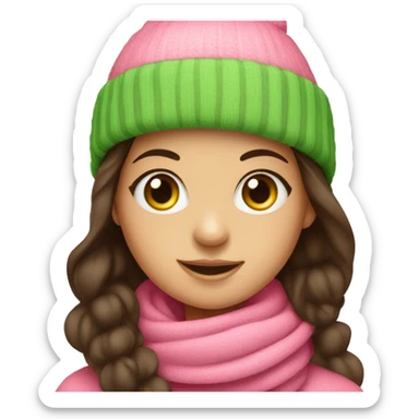 A girl with green eyes and long dark brown hair wearing a pink hat with Pom pom and scarf sticker
