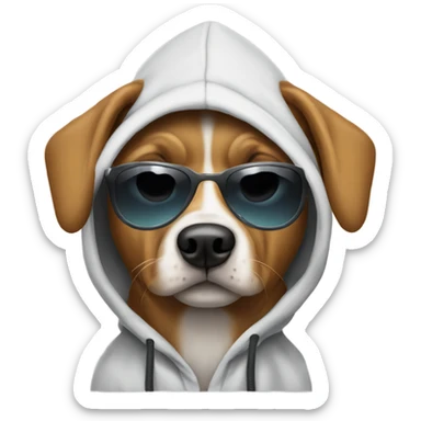Dog wearing sunglasses and a hoodie sticker