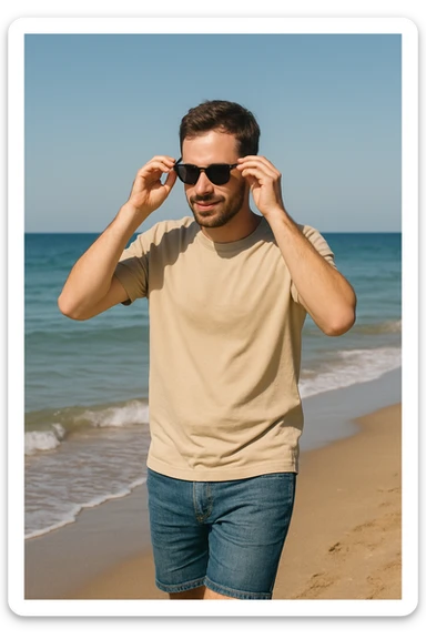 uomo passeggia a mare e si mette gli occhiali da sole sticker