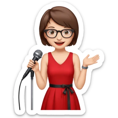 singer, Old, brown short hair, holding mic, red dress, glasses sticker