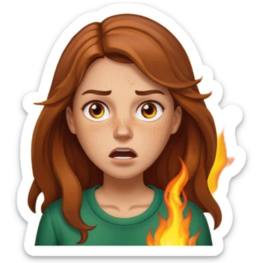 Woman with hair on fire looking stressed and panicked with brown shoulder length hair—longer hair please and light skin—an Irish gal sticker