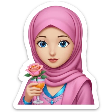 Turkish beautiful finish Konya girl blue eyes with  pink hijab islamic dress and had on her hand Glittery rose mocktail with orange light pink roses sticker