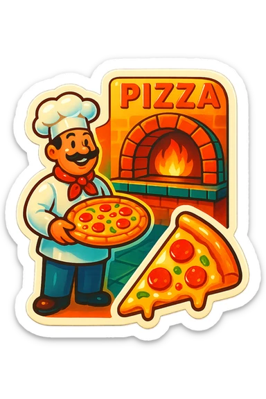 A pizza restaurant scene in retro stickers style, with a vintage setting and bright colors sticker