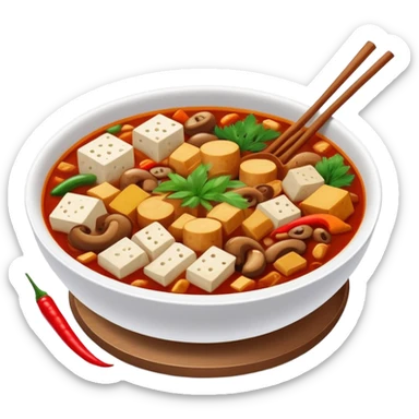 Chengdu Maocai spicy assorted ingredients in bowl, simplified emoji style with bold outlines and bright colors, cartoon style Sichuan street stew sticker