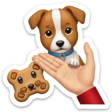 trainer hand holding a treat in front of a dog sticker