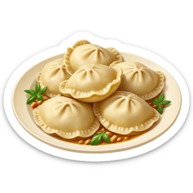 Cinematic Realistic Pierogi Dish Emoji, depicted as tender dumplings filled with savory ingredients rendered with lifelike textures and warm, inviting lighting. sticker