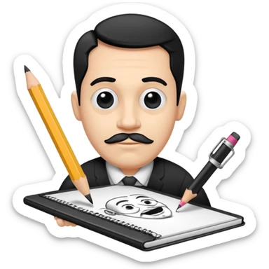 Create an icon representing the process of creating a black-and-white caricature. Include a pencil, a sketchpad with a humorous, exaggerated figure, and inking tools. Use bold lines and shading, with a transparent background. sticker