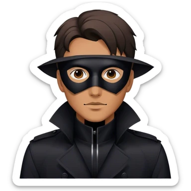 man with a black trench coat and a black geometric mask sticker