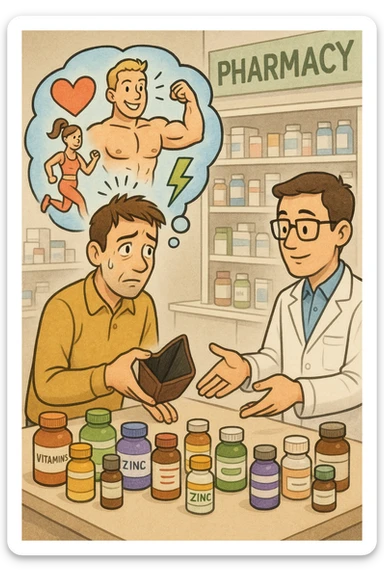 a man stands at a pharmacy counter, handing over a nearly empty wallet to the cashier while the counter is filled with bottles of supplements and vitamins. His expression is hopeful but slightly anxious. In the background, a thought bubble shows exaggerated images of instant health and fitness, symbolizing unrealistic expectations.  sticker