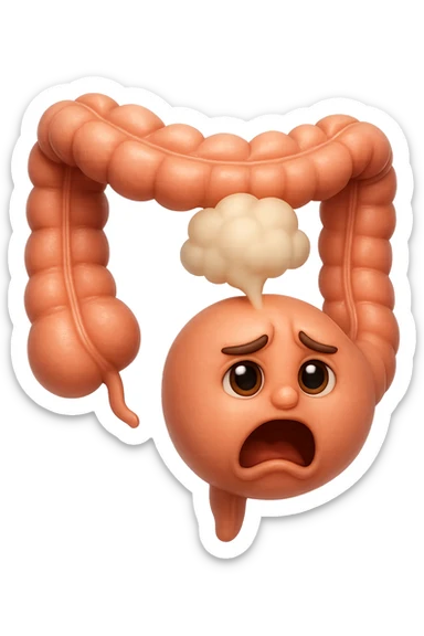 emoji stile iphone di un intestino che ingoia una nuvoletta di aria ben visibile e gli si gonfia la pancia, non fargli il naso, iperrealistico 4k sticker
