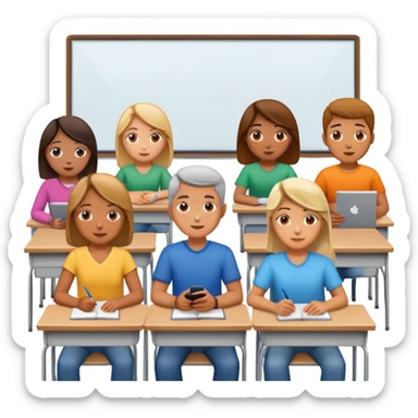 adults sitting in a classroom facing a screen sticker