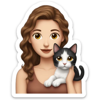 Pretty woman with brown wavy hair holding a black and white cat sticker