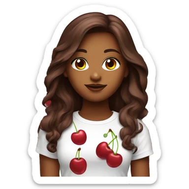 Dark cherry red long hair beautiful woman wear white t-shirt with cherry print  sticker