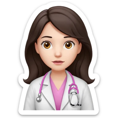 Barbie like emoji of a woman with white skin long wavy dark brown hair, brown eyes wearing a white lab coat and pink stethoscope and with a scared look sticker