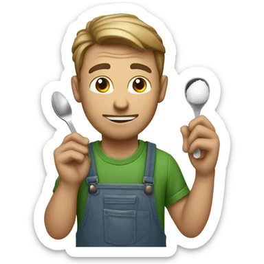 Create a man with a spoon of sugar next to his face with a lighter underneath sticker