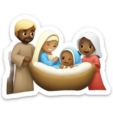 Nativity with a light skinned Mary, light skinned Joseph, and light skinned baby Jesus in the manger, with a bright star in the night sky sticker