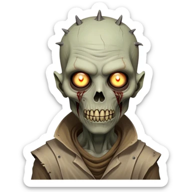 Cinematic Realistic WoW undead civilian Portrait, head tilted epicly and inquisitively, showcasing grim resilience and defiant strength. His withered, pallid skin and intense, glowing eyes contrast starkly with his worn, earth-toned clothes, rendered in meticulous detail. With dynamic, high-contrast lighting and high shine, this portrait exudes an epic aura, capturing the relentless will of a battle-hardened undead civilian. sticker