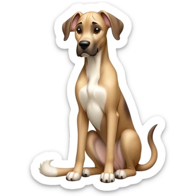 cinematic-[fawn great dane]-realistic-full-body-sitting-emoji,-tail-resting-loosely-beside-its-paws,-head-tilted-dramatically,-sleek-[fawn]-fur,-simplified-yet-realistic-focused-features,-highly-detailed,-glowing-with-an-almost-sarcastic-glow sticker
