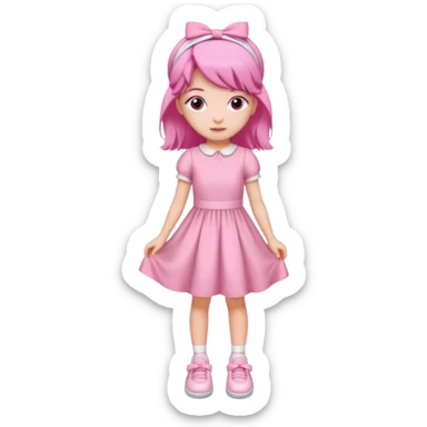 A girl wear a a pink pink dress and pink wacth and a pink hairband and a white shoes sticker