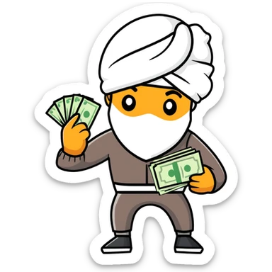 black robber holding cash, wearing a turban sticker